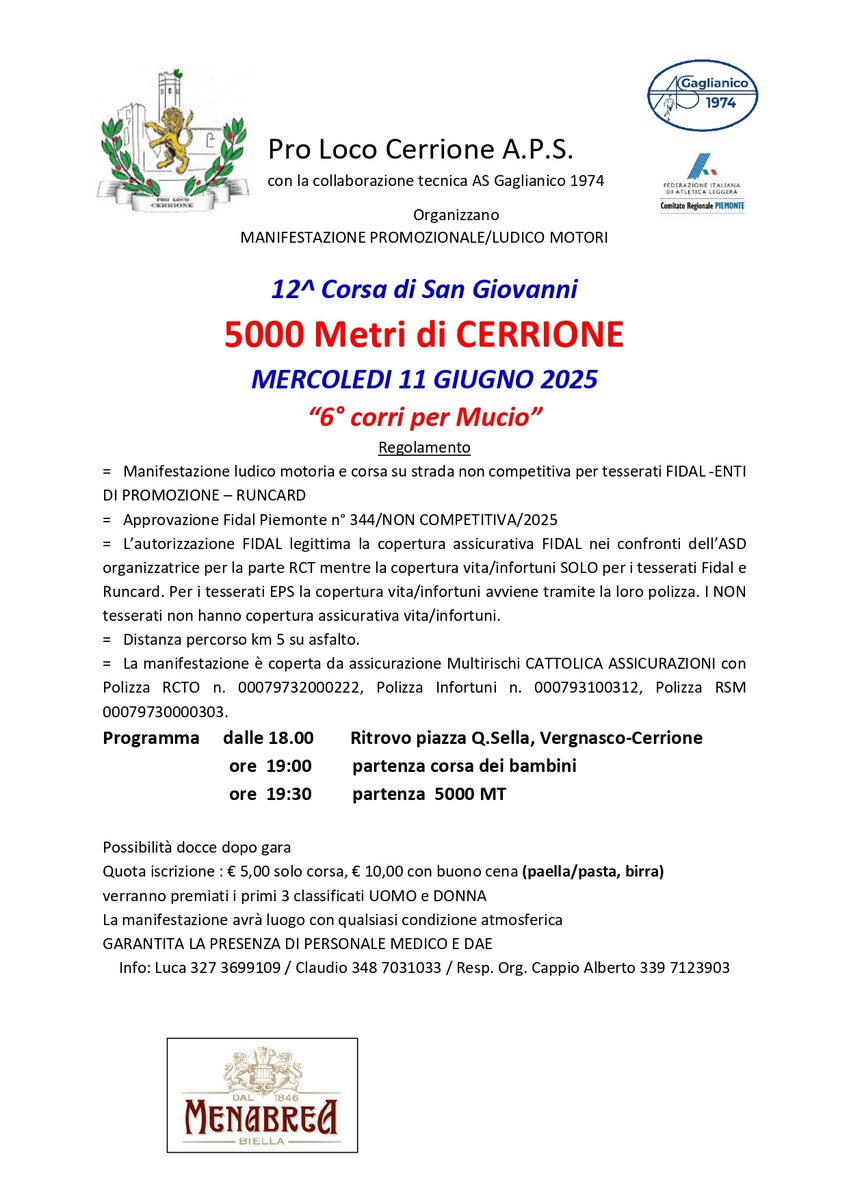 Domani la 5000 Metri di Cerrione “6° corri per Mucio”