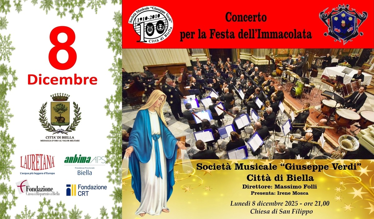 Biella, Concerto dell'Immacolata: la Società Musicale “Giuseppe Verdi” torna a San Filippo
