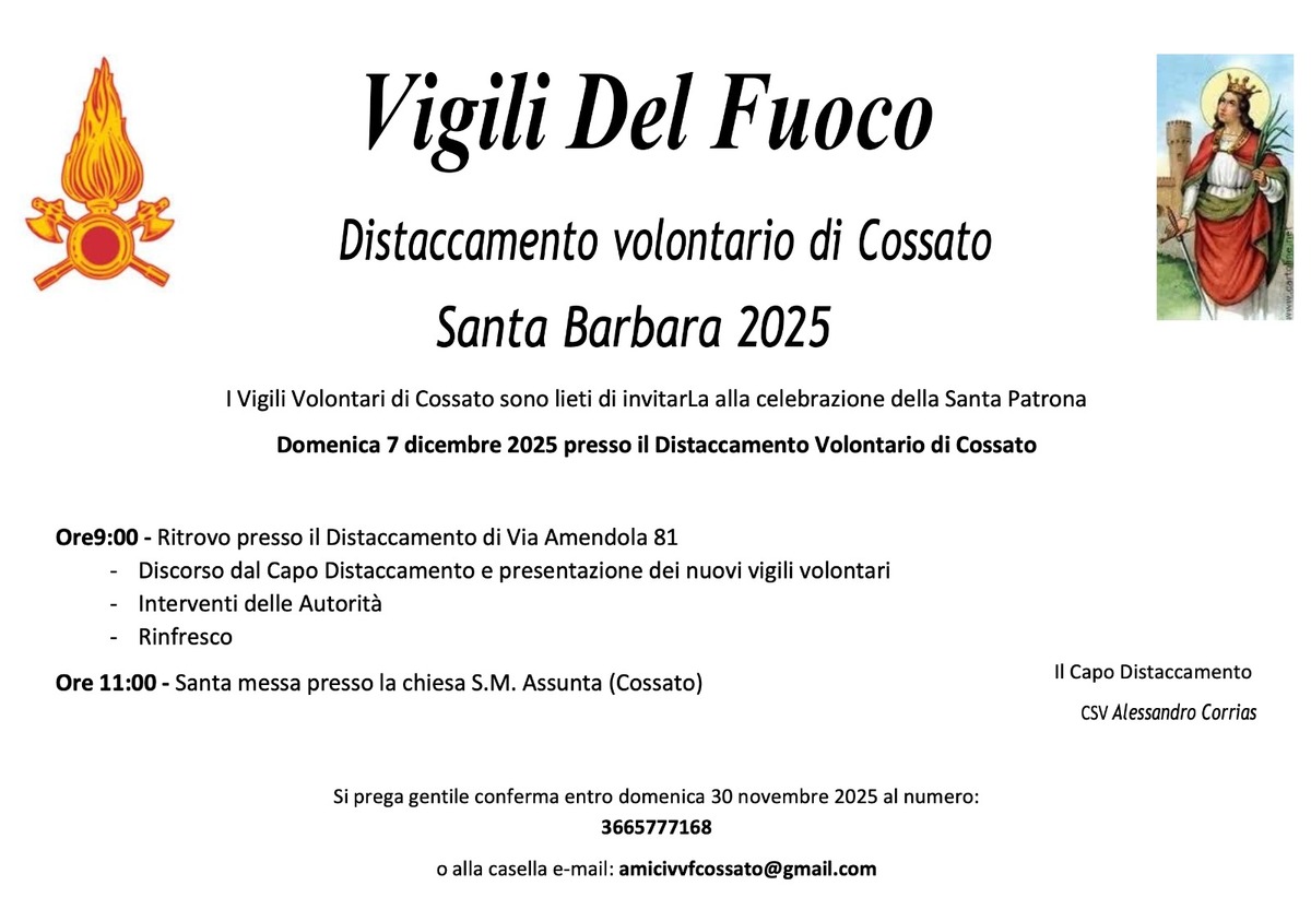 Cossato, Vigili del Fuoco in festa il 7 dicembre per Santa Barbara