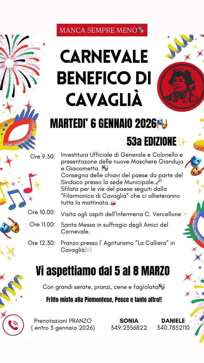 Carnevale Benefico di Cavaglià, il 6 gennaio la 53ª edizione