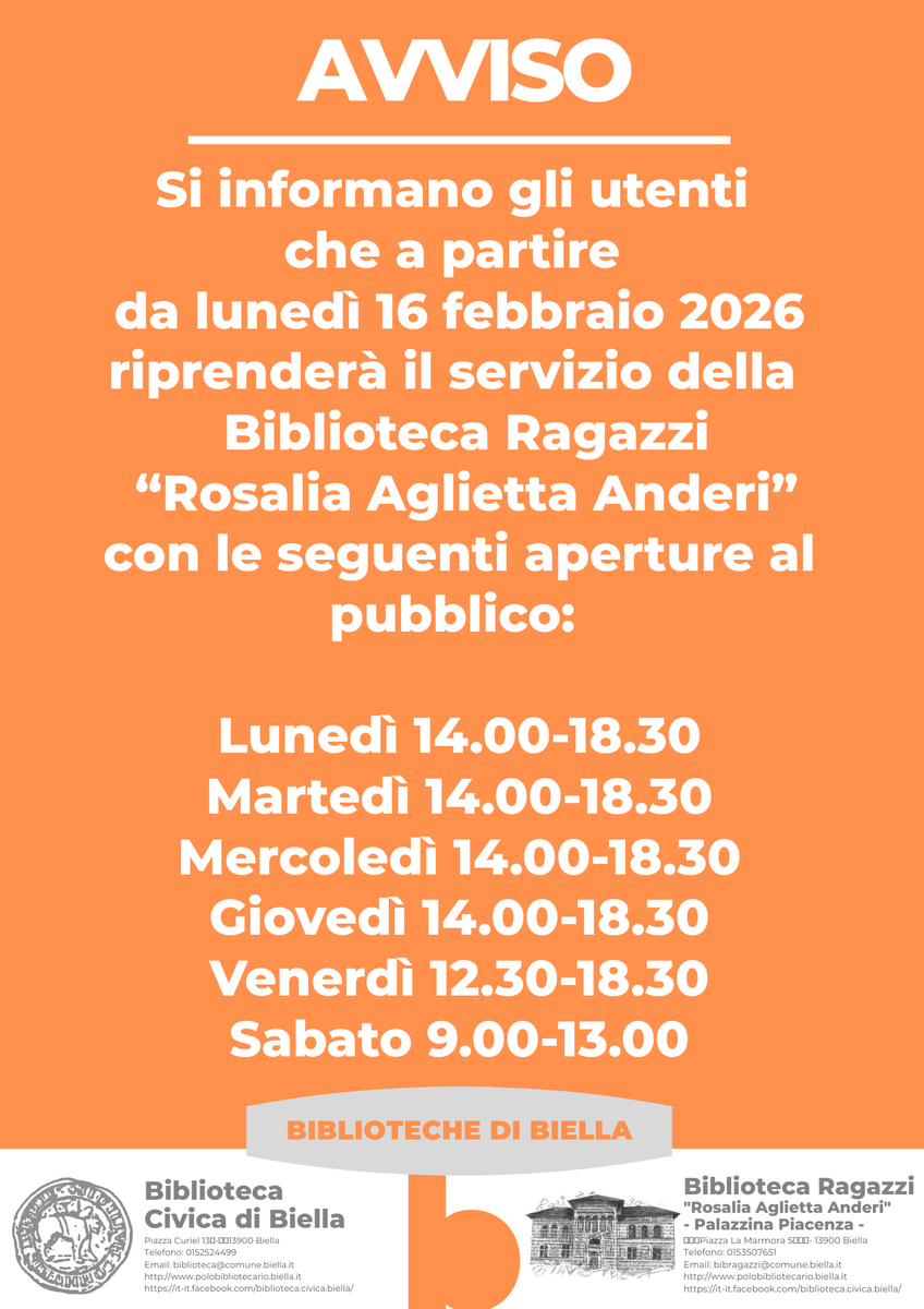 Biblioteca dei ragazzi a Biella, gli orari di apertura