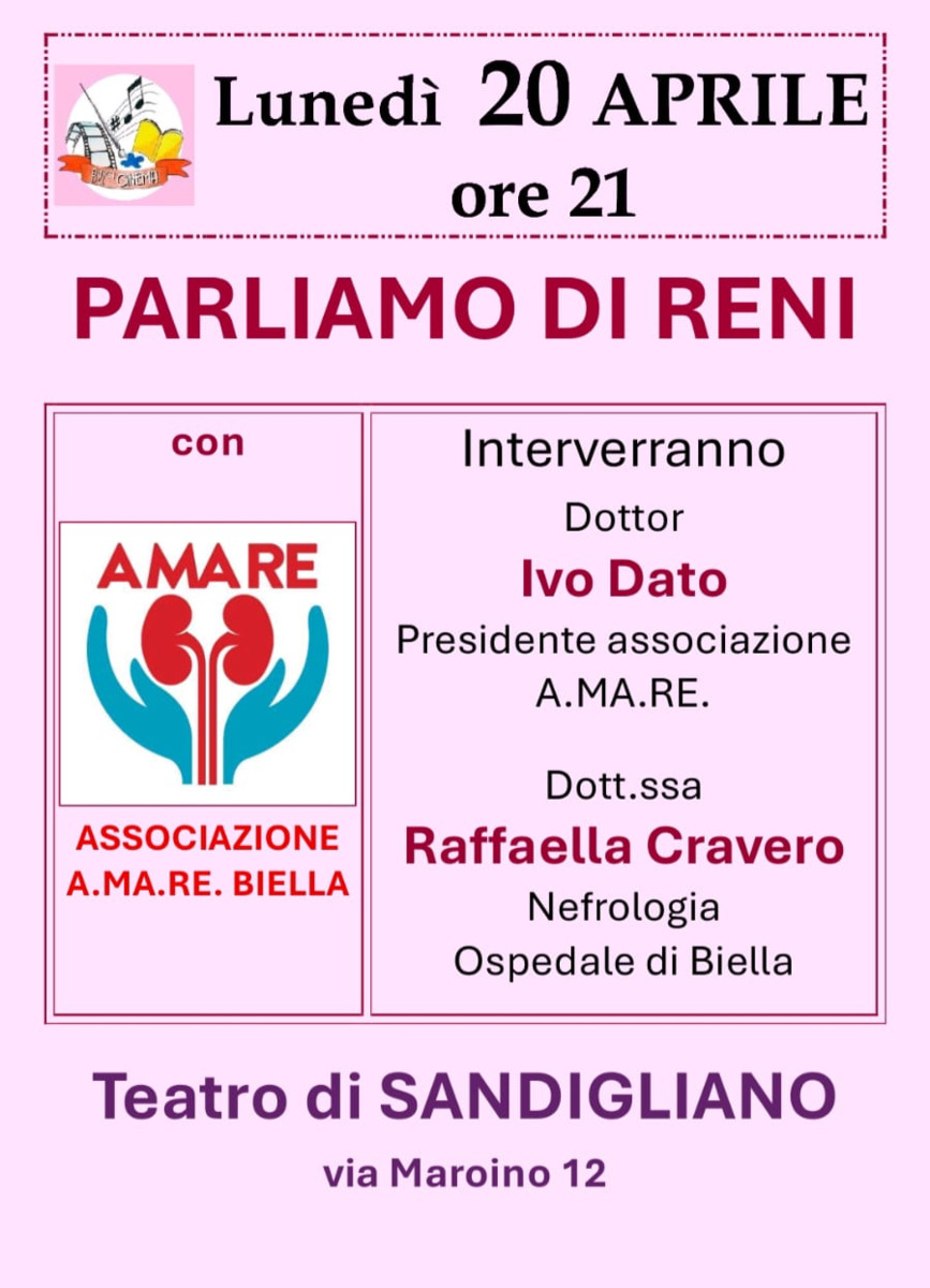 Associazione A.MA.RE. , a Sandigliano incontro sulle malattie renali e la prevenzione