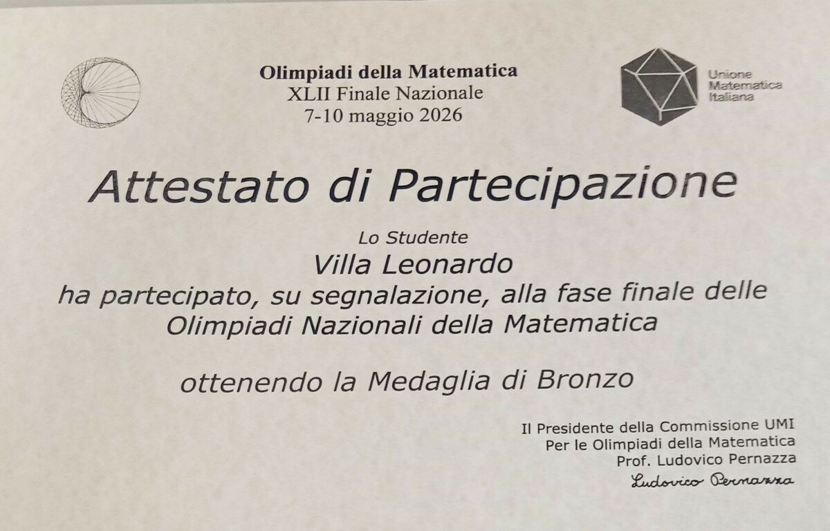 Itis Quintino Sella: a Leonardo Villa (4 B INF) il bronzo alla fase nazionale delle Olimpiadi di Matematica FOTO