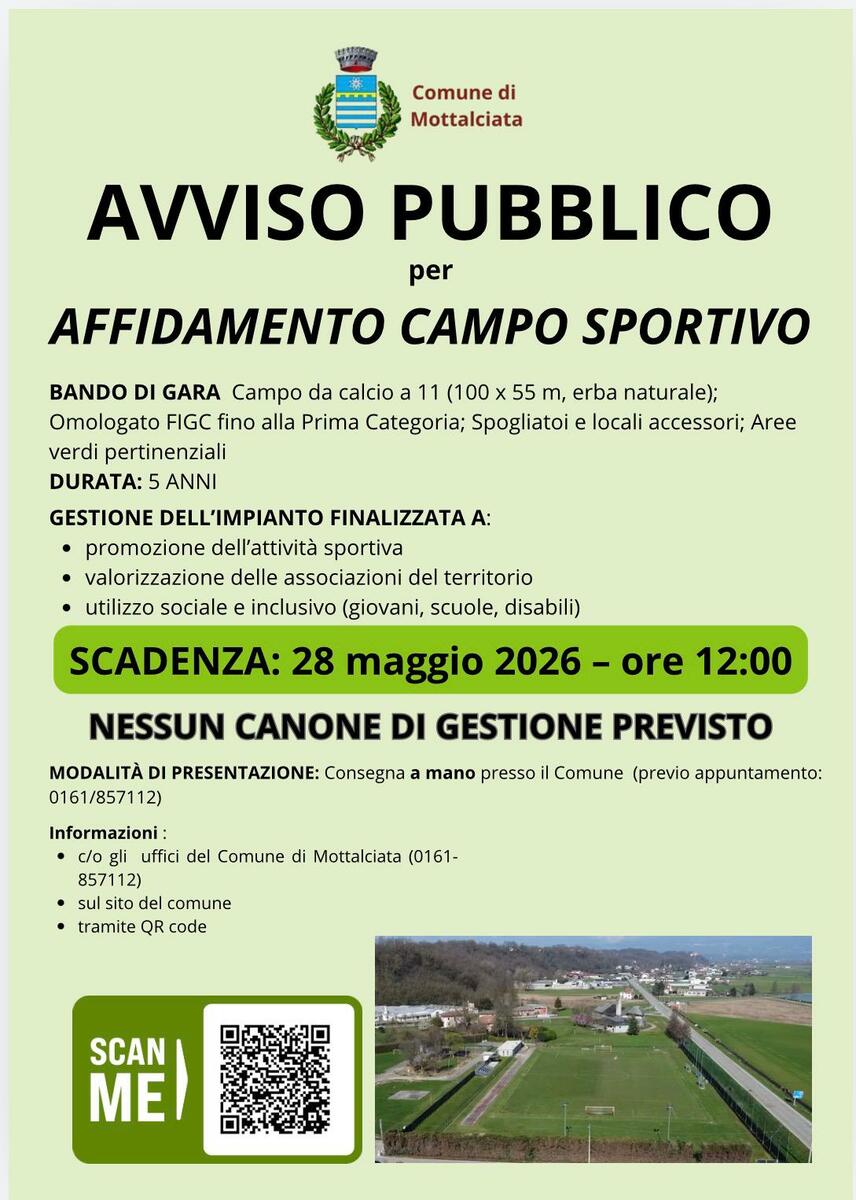 Mottalciata, il Comune affida il campo sportivo