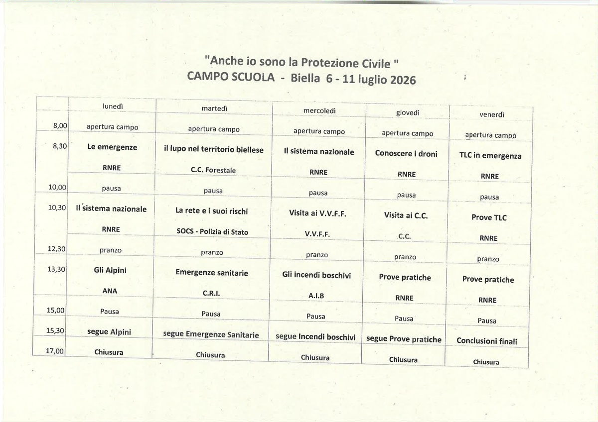 Biella, al via il Campo Scuola della Protezione Civile 2026: sei giorni di formazione e cittadinanza attiva per i più giovani