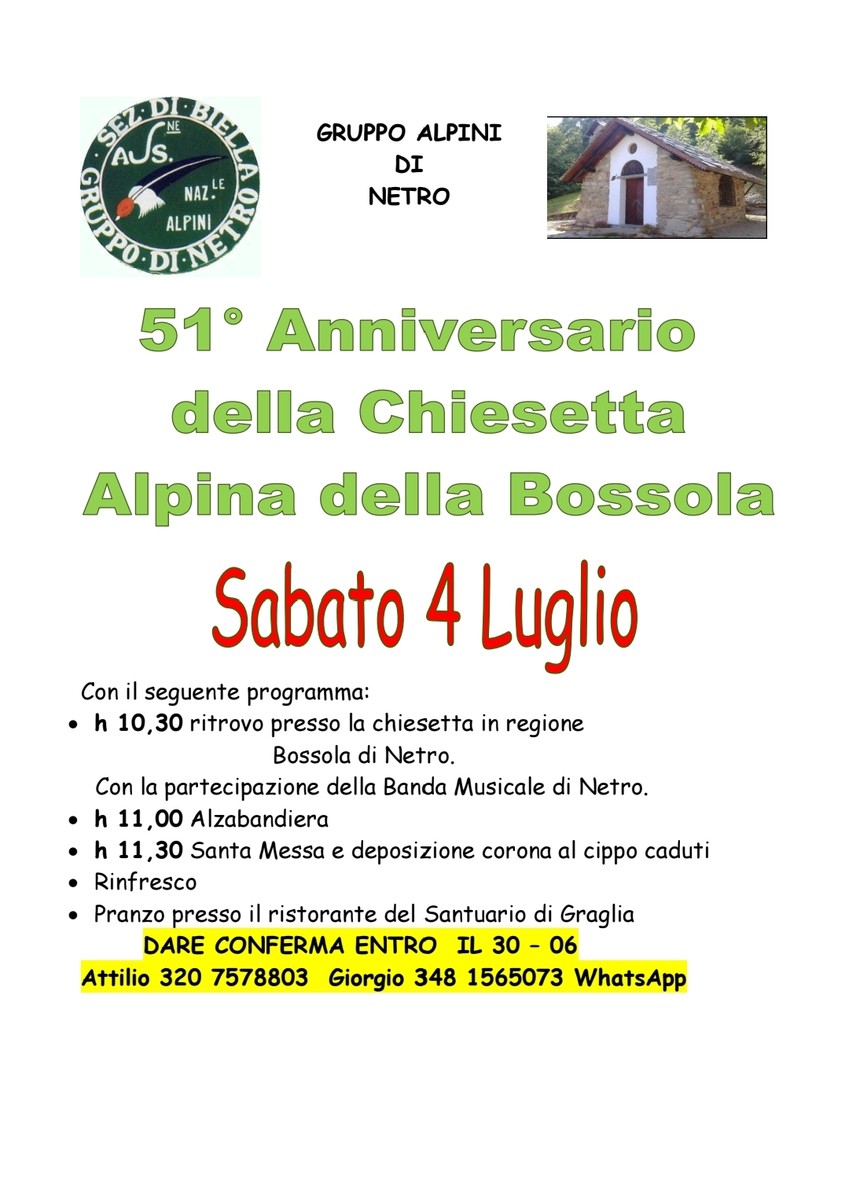 Netro, gli Alpini celebrano il 51° anniversario della Chiesetta della Bossola
