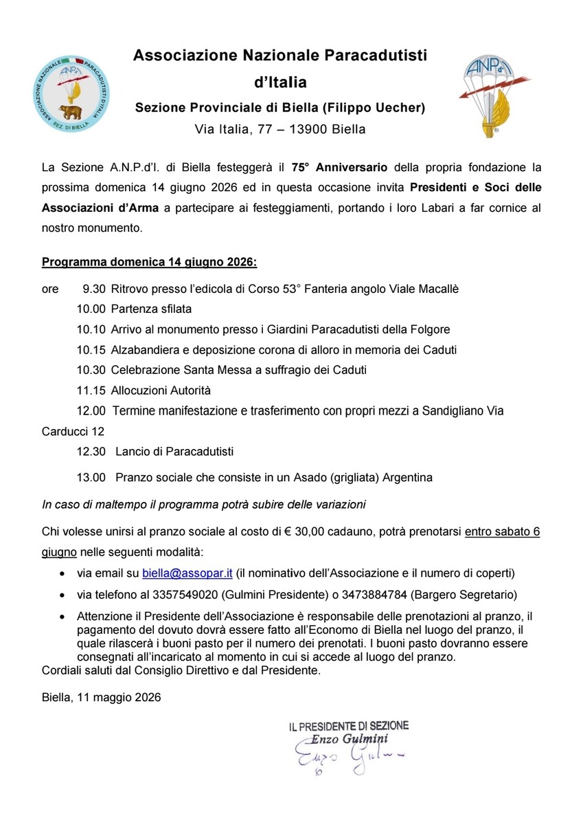 Biella celebra i 75 anni della Sezione Provinciale dei Paracadutisti d’Italia