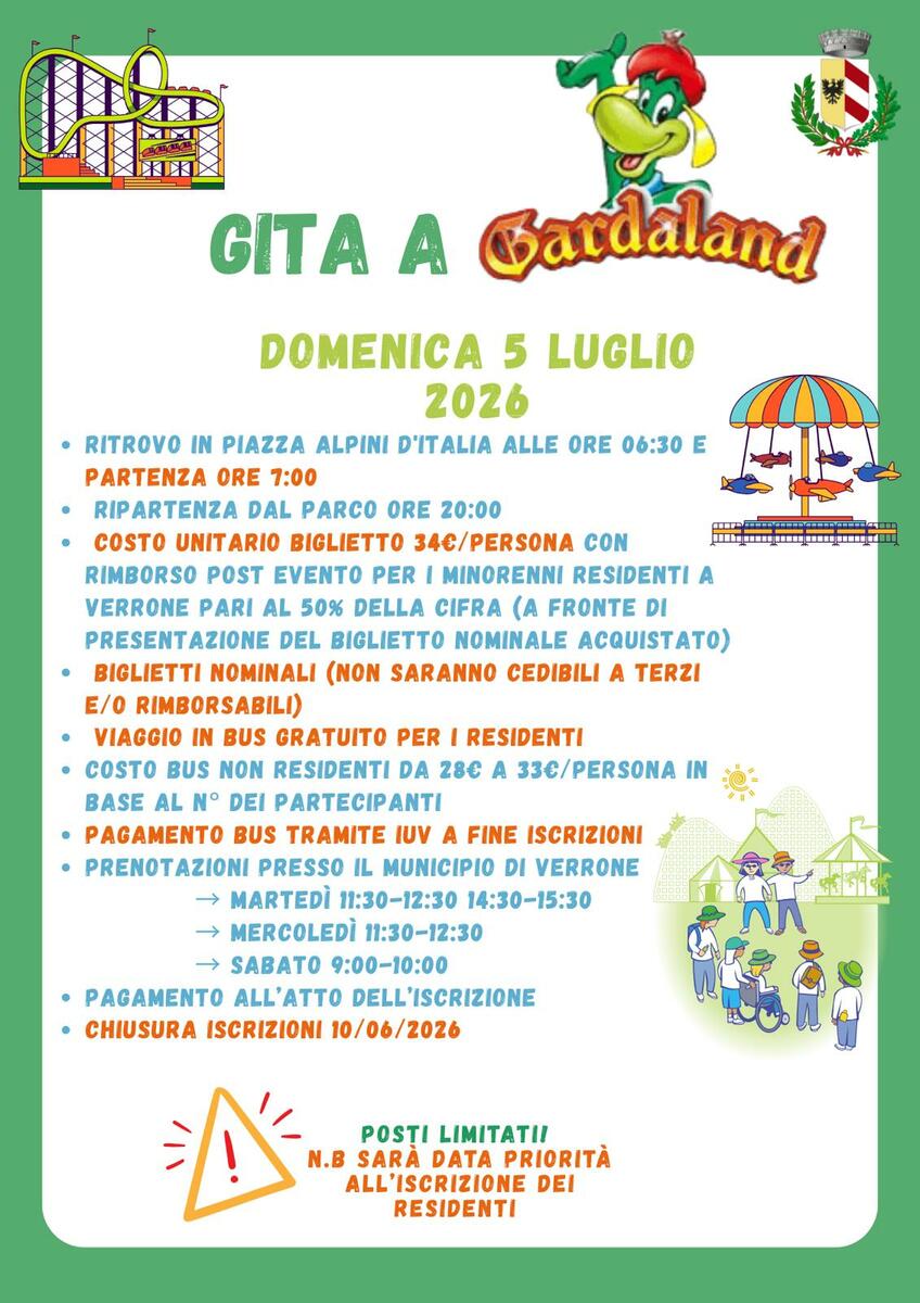 Verrone organizza una gita a Gardaland: iscrizioni aperte fino al 10 giugno
