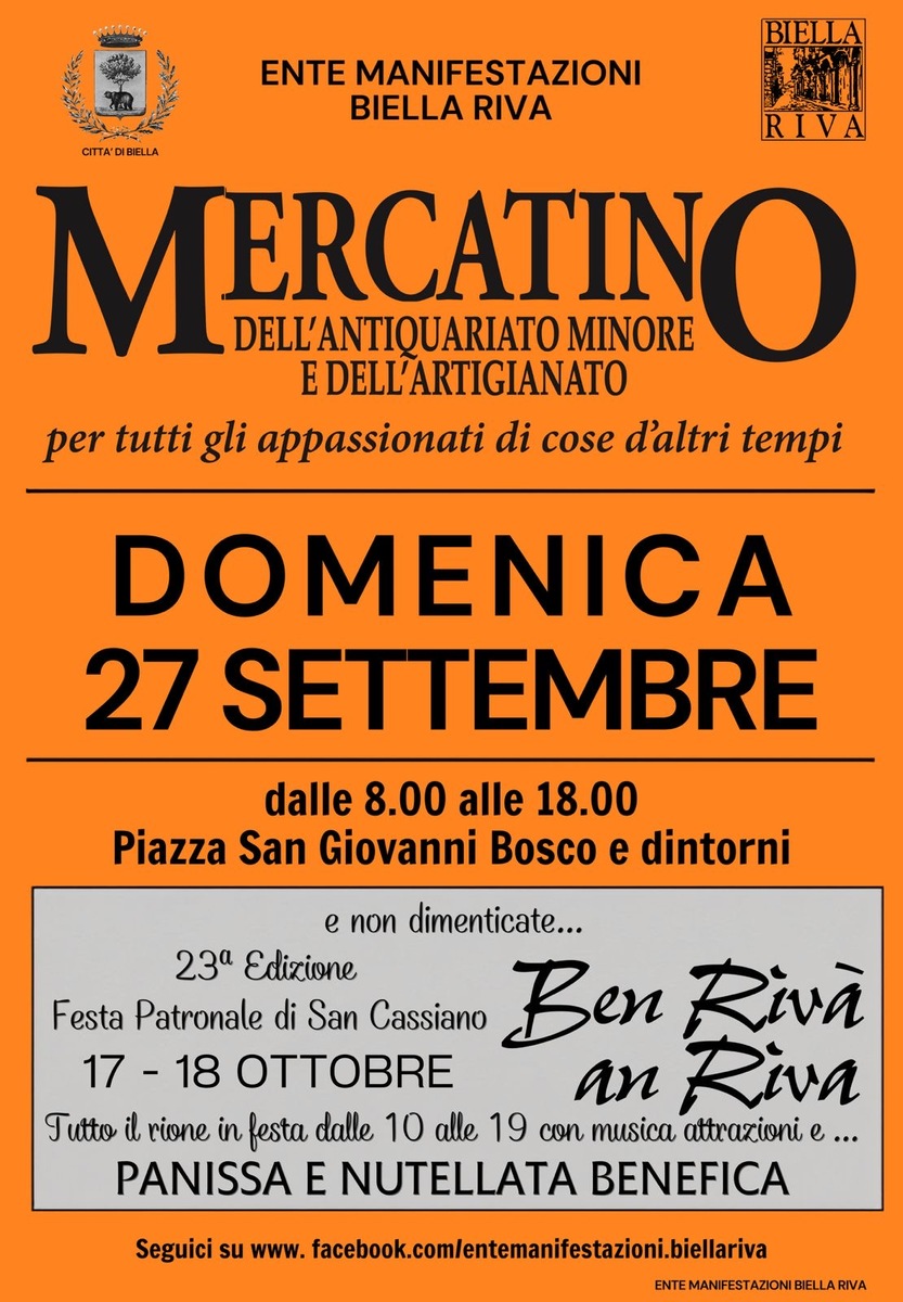 Mercatino dell’Antiquariato minore e dell’Artigianato in Riva a Biella, domenica nuovo appuntamento
