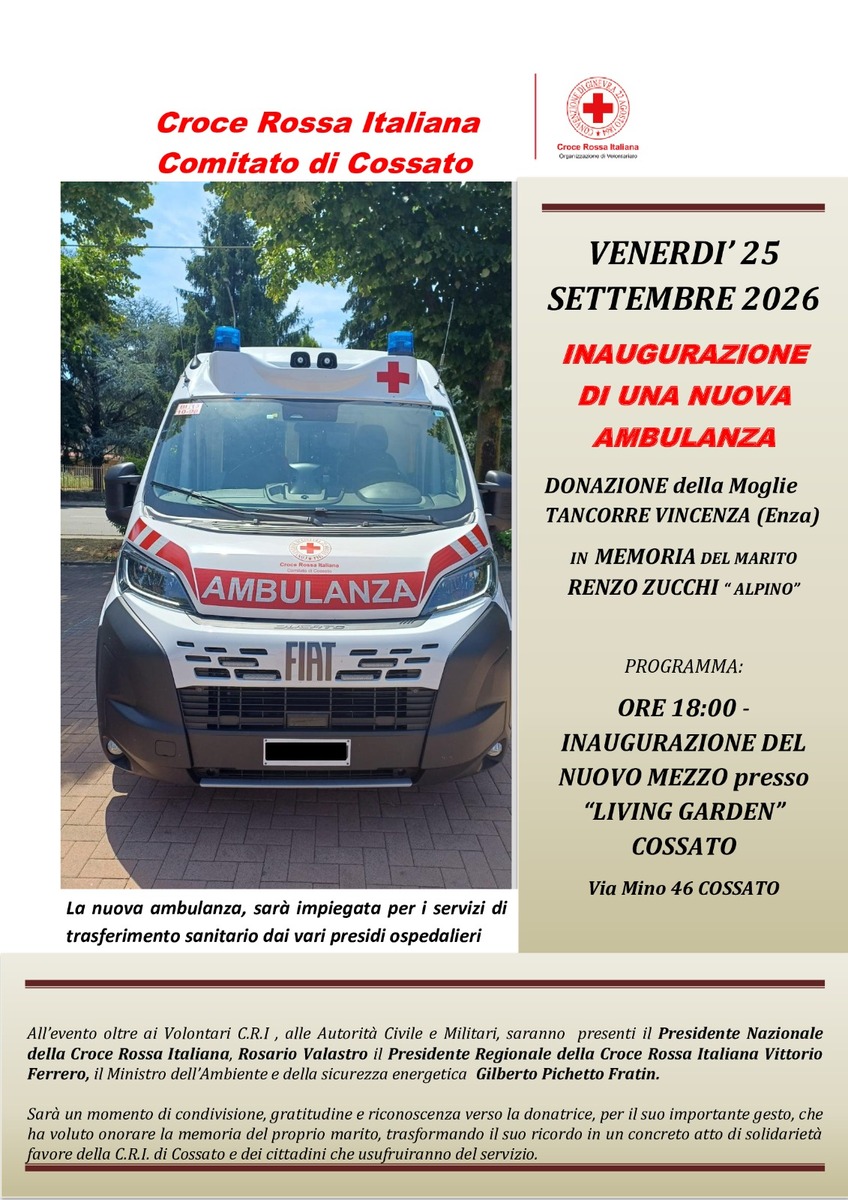 Una nuova ambulanza per la Croce Rossa di Cossato, donata da Enza in memoria del marito Renzo Zucchi