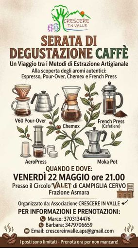 Campiglia, serata di degustazione caffè: viaggio tra espresso, Chemex e French Press Campiglia, serata di degustazione caffè: viaggio tra espresso, Chemex e French Press