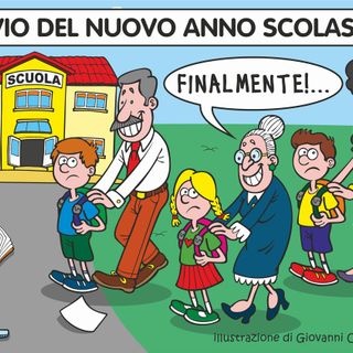 Bentornata scuola! i banchi si riempiono e... le auto si accalcano, illustrazione Giovanni Cavallo