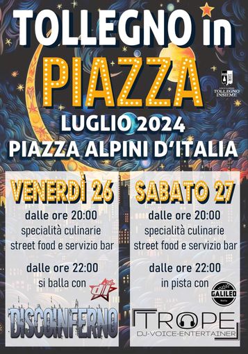 Tollegno in Piazza 2024: a luglio musica e specialità culinarie. Tollegno in Piazza 2024: a luglio musica e specialità culinarie.