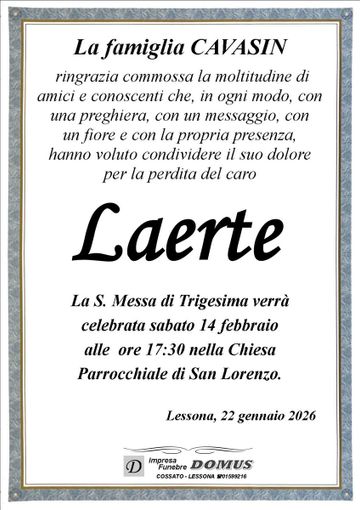 Laerte Cavasin, ringraziamento