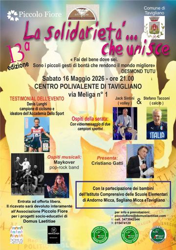 A Tavigliano Lughi, Sintini e Tacconi alla 13ª edizione de “La solidarietà… che unisce” A Tavigliano Lughi, Sintini e Tacconi alla 13ª edizione de “La solidarietà… che unisce”
