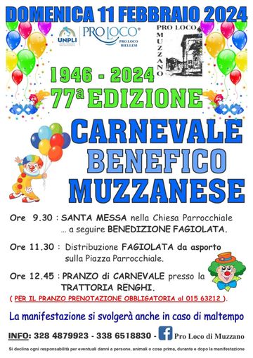 A Muzzano il Carnevale Benefico: il programma della 77° edizione.