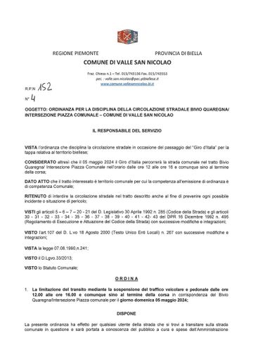 Giro d'Italia, come cambia la viabilità a Valle San Nicolao domenica 5 maggio