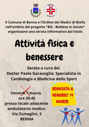 Benna, rinviata la serata "Attività fisica e benessere"