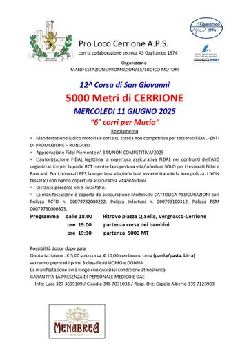 Domani la 5000 Metri di Cerrione “6° corri per Mucio” Domani la 5000 Metri di Cerrione “6° corri per Mucio”