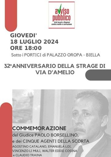Biella ricorda la Strage di via D’Amelio: il 32° anniversario. Biella ricorda la Strage di via D’Amelio: il 32° anniversario.