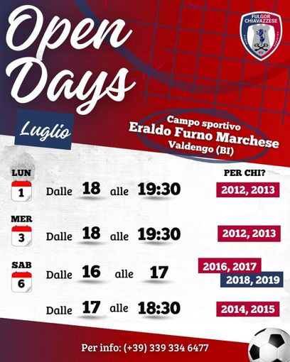 Fulgor Chiavazzese RV, le date degli Open Day