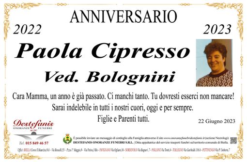 Paola Cipresso, Ved. Bolognini, anniversario