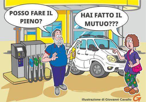 Per fare il pieno serve un finanziamento: l'auto beve, tu piangi - illustrazione di Giovanni Cavallo.