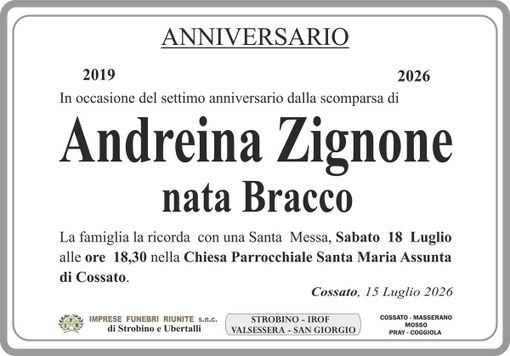 Andreina Zignone nata Bracco, anniversario Andreina Zignone nata Bracco, anniversario