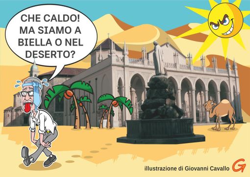 Biella rovente, il clima desertico approda in Piazza Duomo - Illustrazione di Giovanni Cavallo.