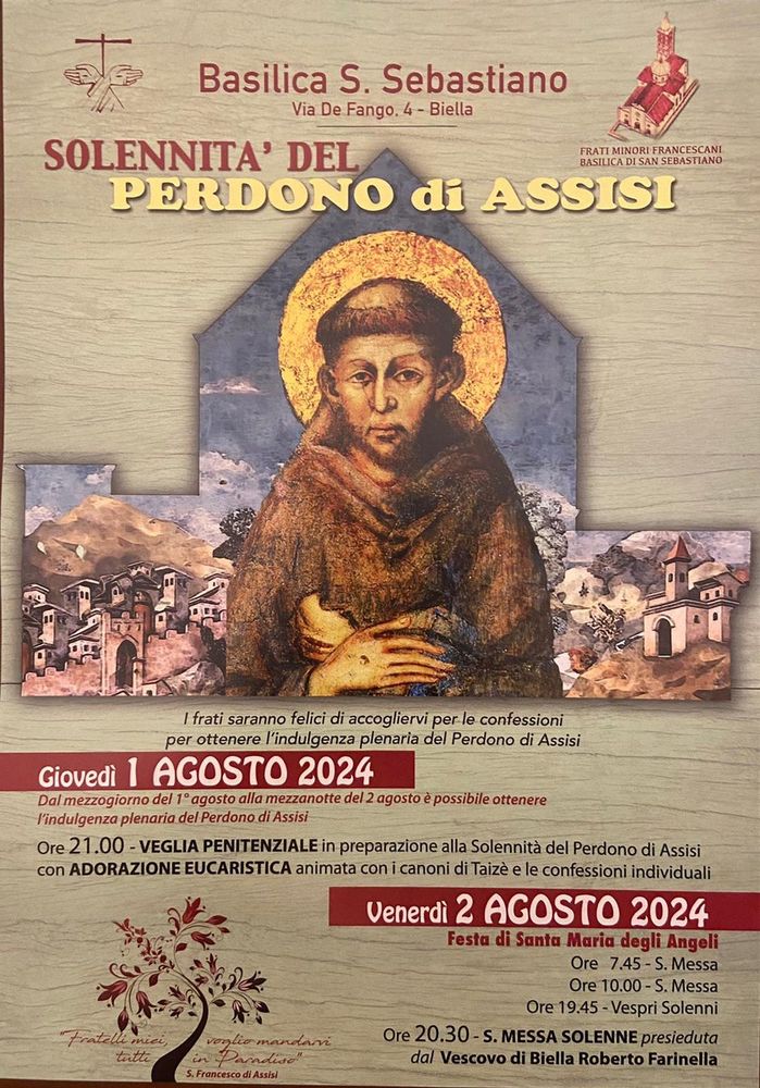 Biella, Solennità del Perdono di Assisi: le celebrazioni alla basilica di San Sebastiano. Biella, Solennità del Perdono di Assisi: le celebrazioni alla basilica di San Sebastiano.