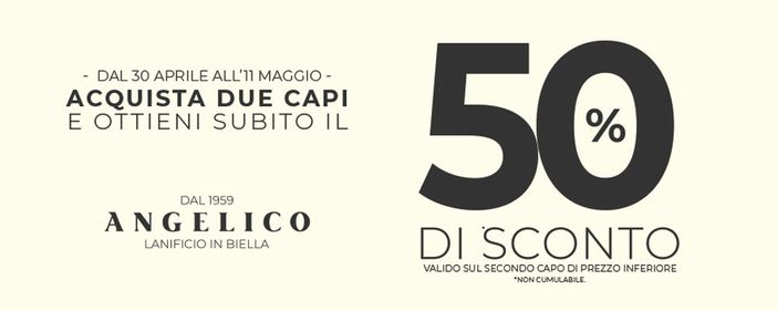 Angelico: -50% sul secondo capo a Gaglianico (Biella) Angelico: -50% sul secondo capo a Gaglianico (Biella)
