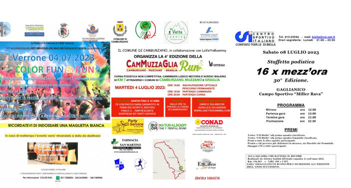 Le gare podistiche della settimana a Biella e nel Biellese: si corre a Camburzano e a Gaglianico. A Verrone c'è la corsa dei colori! Le gare podistiche della settimana a Biella e nel Biellese: si corre a Camburzano e a Gaglianico. A Verrone c'è la corsa dei colori!