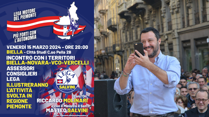 Matteo Salvini torna a Biella: la Lega illustra l’attività del Piemonte. Matteo Salvini torna a Biella: la Lega illustra l’attività del Piemonte.
