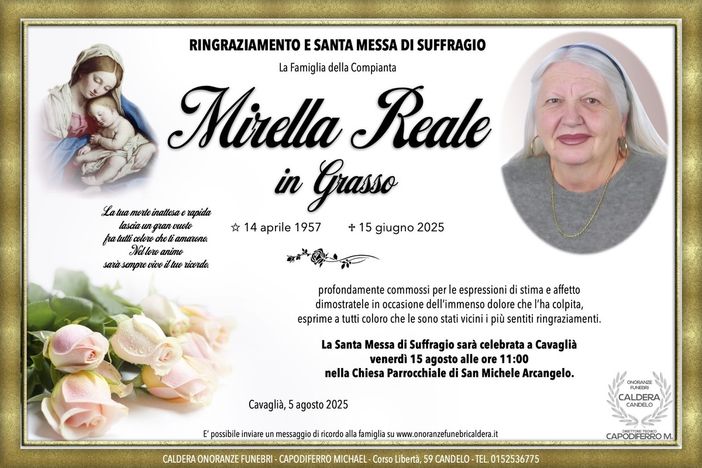 Mirella Reale in Grasso, ringraziamento e santa Messa di suffragio