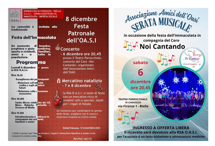 A Chiavazza si celebra l’Immacolata: festa patronale, concerto e mercatino all’O.A.S.I. A Chiavazza si celebra l’Immacolata: festa patronale, concerto e mercatino all’O.A.S.I.