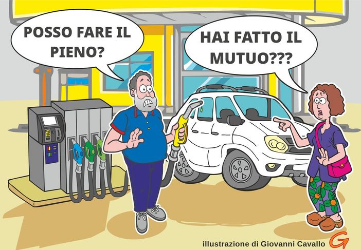 Per fare il pieno serve un finanziamento: l'auto beve, tu piangi - illustrazione di Giovanni Cavallo. Per fare il pieno serve un finanziamento: l'auto beve, tu piangi - illustrazione di Giovanni Cavallo.