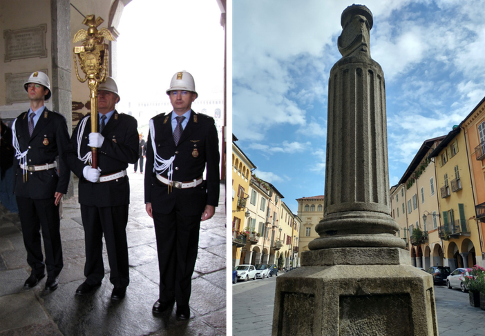 Biella Piazzo, fontana monumentale con Mazza civica in sienite della Balma, prospicente la sede dell’antico Comune di Biella alta; Oropa, Mazza civica portata in processione al santuario eusebiano alpino di Santa Maria di Oropa.