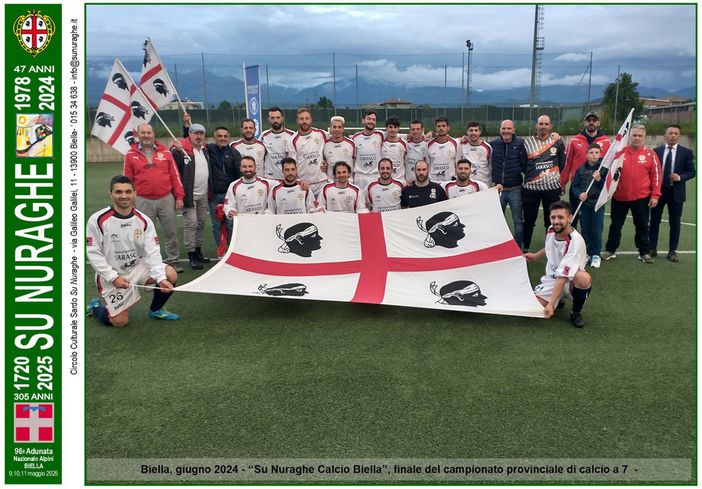 Nell’immagine, Biella, giugno 2024 - “Su Nuraghe Calcio Biella” vincitori nella finale del campionato provinciale di calcio a 7.