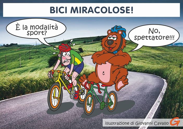 Biella, e-bike in “modalità spettatore”: scivolano in salita senza pedalare - Illustrazione di Giovanni Cavallo