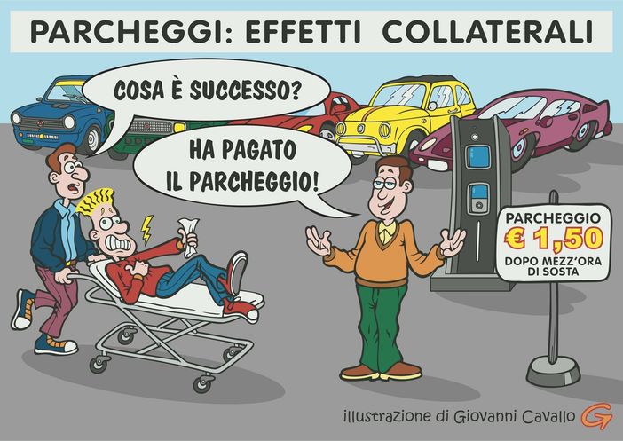 Ospedale di Biella, paga il parcheggio e gli prende un colpo: "Non temere, l'ambulanza arriva in un attimo!" - Illustrazione di Giovanni Cavallo