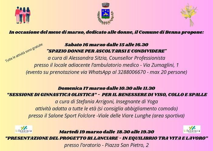 Benna festeggia la donna con tante iniziative