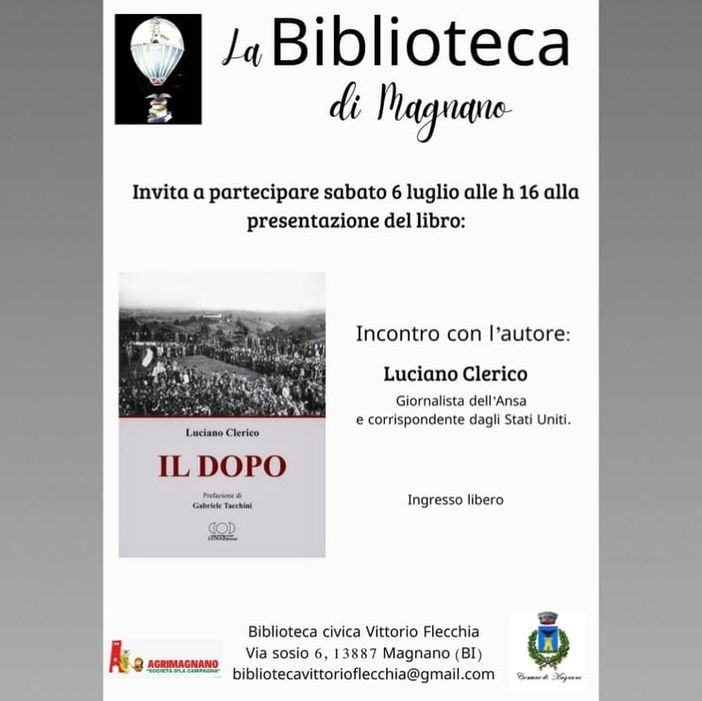 “Il Dopo”, a Magnano Luciano Clerico presenta il suo libro - Foto pagina FB Comune di Magnano