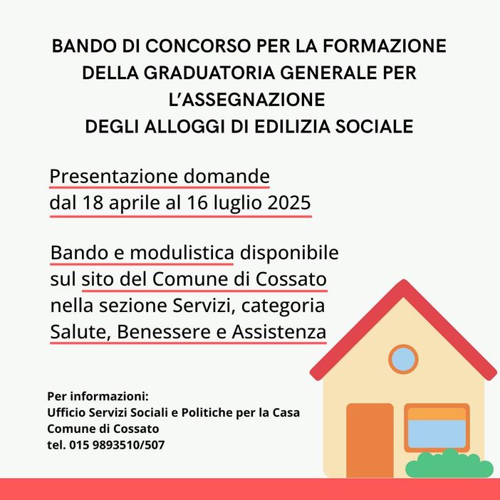 Cossato: Bando per la formazione della graduatoria generale per l’assegnazione degli alloggi di edilizia sociale