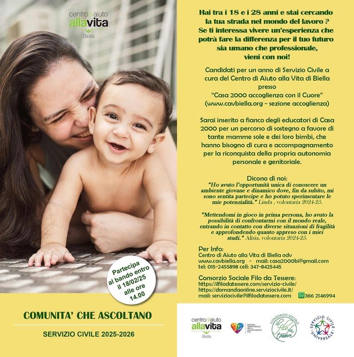 Servizio Civile a Biella: il Centro di Aiuto alla Vita cerca volontari. Servizio Civile a Biella: il Centro di Aiuto alla Vita cerca volontari.