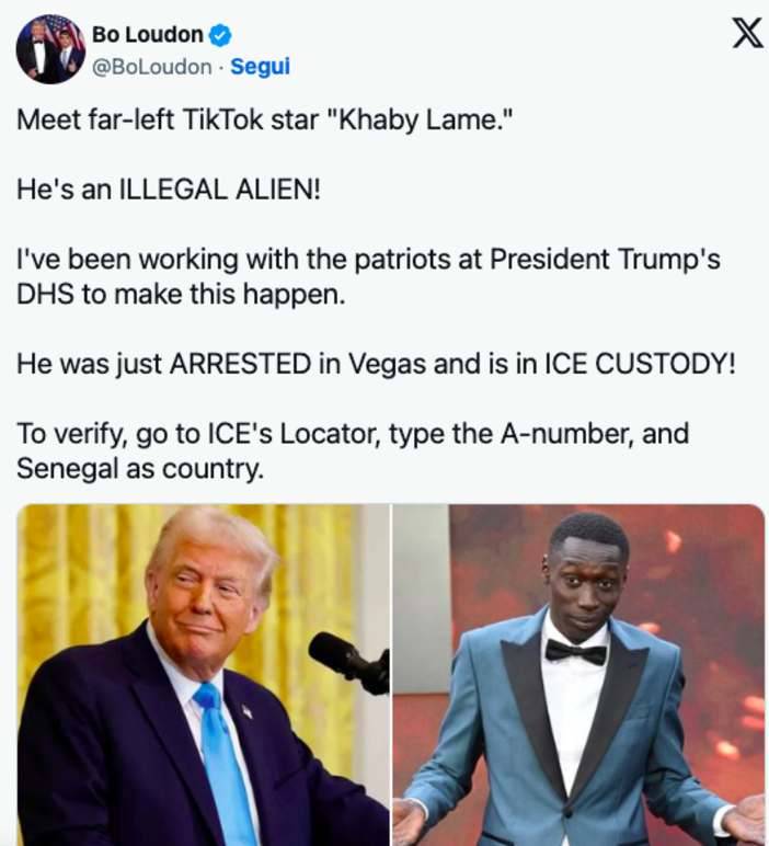 "Khaby Lame arrestato a Las Vegas": l'annuncio dell'influencer trumpiano sul tiktoker di Chivasso.