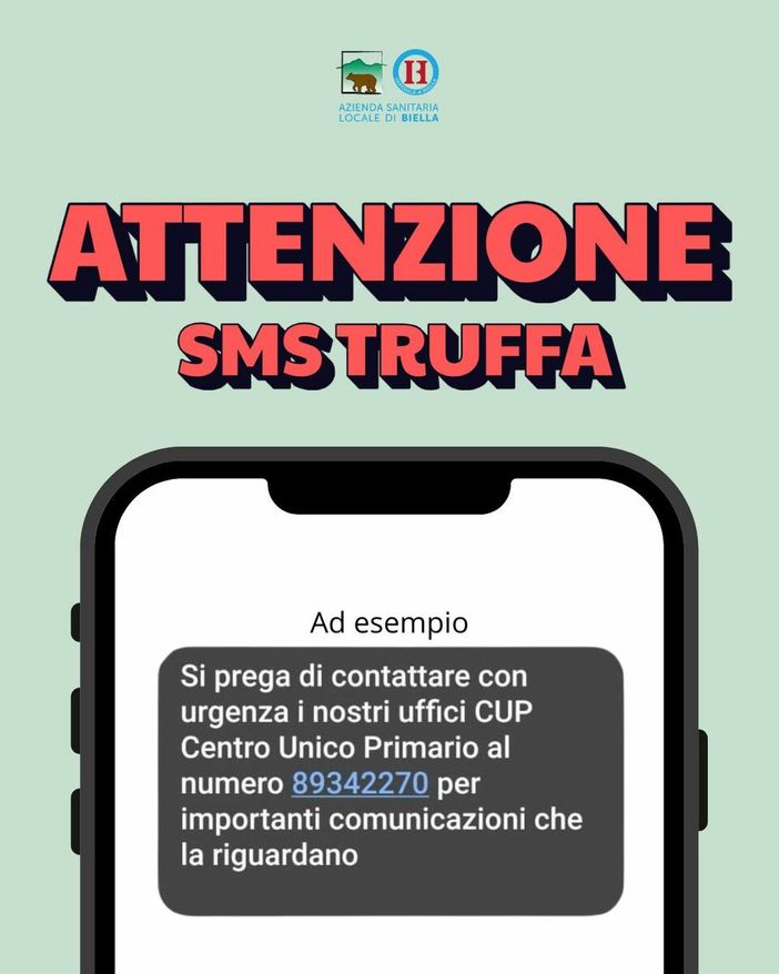 Falsi sms inviati per “importanti comunicazioni”. L'ASL Biella segnala: “Non rispondete, fate attenzione” (foto dalla pagina Facebook di Ospedale di Biella-ASL BI)