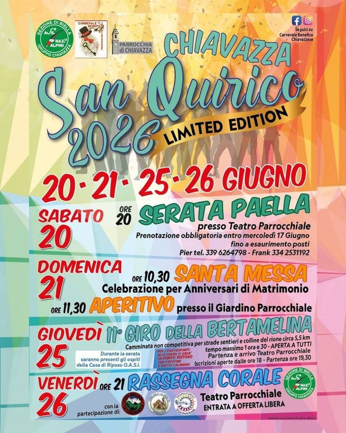 Chiavazza celebra la Festa di San Quirico tra piatti spagnoli, sport e tanta musica! Chiavazza celebra la Festa di San Quirico tra piatti spagnoli, sport e tanta musica!