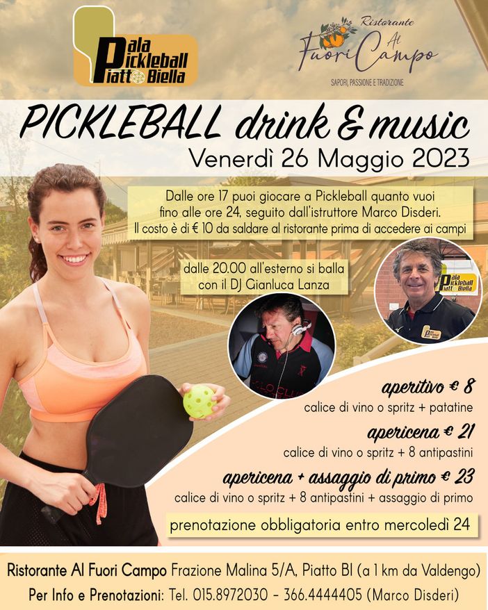Il 26 maggio “Pickelball drink & music” per provare lo splendido sport in compagnia degli amici e mangiare bene Il 26 maggio “Pickelball drink & music” per provare lo splendido sport in compagnia degli amici e mangiare bene