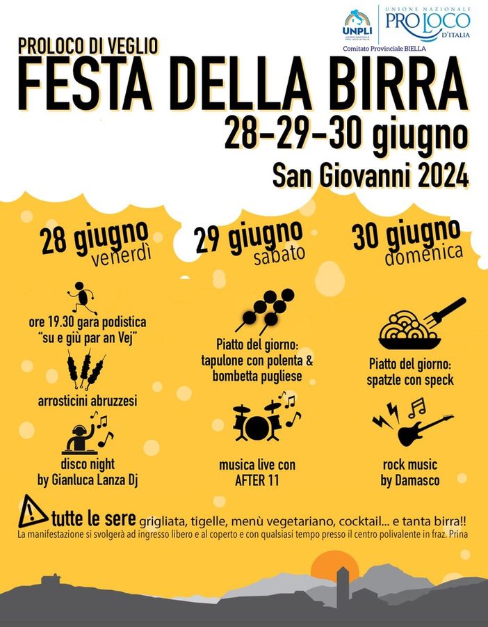 A Veglio birra, grigliate e concerti per la Festa di S. Giovanni 2024. A Veglio birra, grigliate e concerti per la Festa di S. Giovanni 2024.