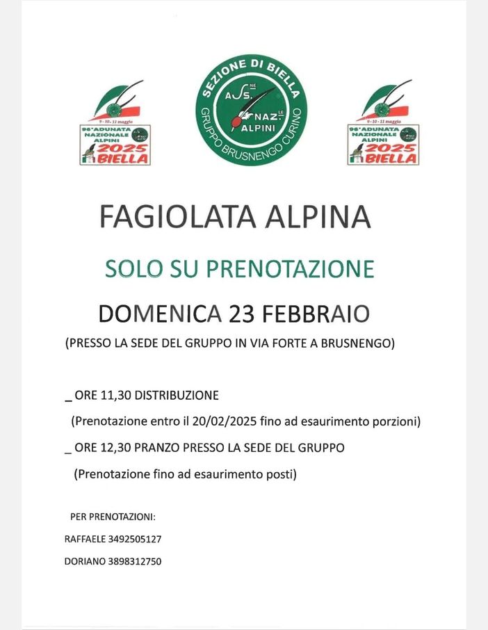 Fagiolata con gli alpini di Brusnengo e Curino domenica 23 febbraio Fagiolata con gli alpini di Brusnengo e Curino domenica 23 febbraio